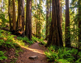 Obraz premium Path meanders through a sunlit forest of giant trees, ferns line the edges. Sunlight streams through the canopy, creating a dappled effect