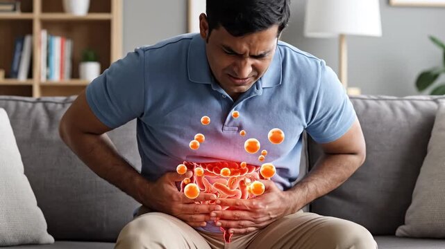 Full Body View of a Man Suffering from Abdominal Bloating and Intestinal Distension Caused by Excessive Gas or Flatulence Resulting in Physical Discomfort and Digestive Health Issues
