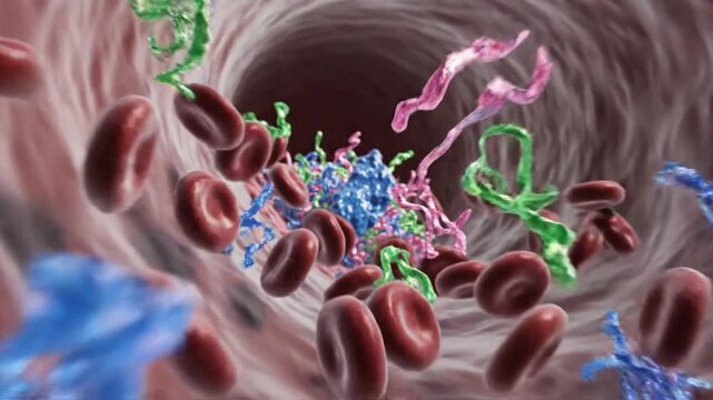 Microscopic visualization of synthetic microplastic fragments flowing through human bloodstream with red blood cells representing environmental pollution health hazard medical risks