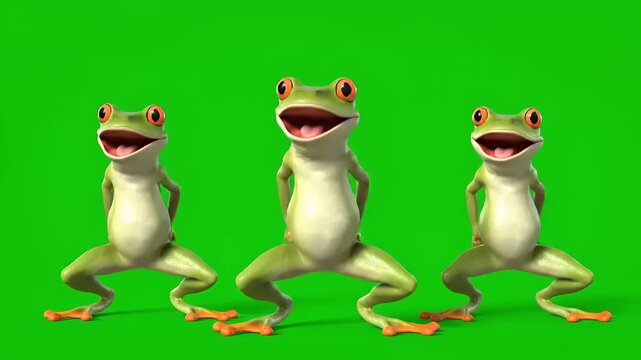 Three cartoon-style frogs with wide smiles and open mouths, standing on their hind legs against a vibrant green background, appearing to be dancing or singing in a cheerful performance