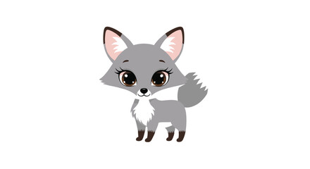 Obraz premium Adorable grey fox pup with expressive eyes stands alertly on a white background, showcasing its soft fur and charming animal features clearly.