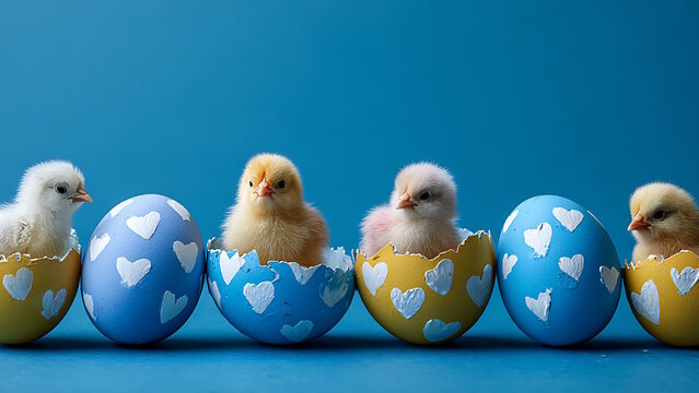Cracked colorful easter eggs, chicks hatching from eggs, blue background.