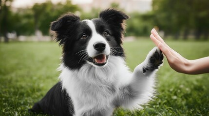 Fototapeta premium Happy Black and White Border Collie Learning Tricks in a Beautiful Outdoor Setting with Lush Green Grass