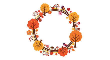 Fototapeta premium Circular autumn wreath composed of colorful orange trees, red leaves, mushrooms, and small birds against a plain white background.