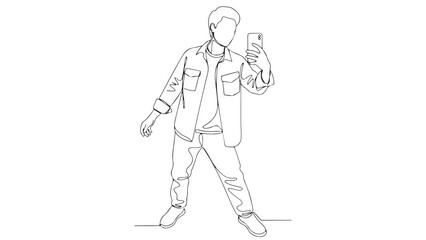 Fototapeta premium Continuous line art illustration of a young man capturing a selfie with his smartphone, showcasing a modern minimalist vector drawing style