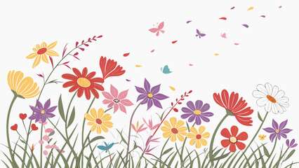 A vibrant spring nature background features a floral meadow illustration with colorful summer blossoms, green grass, and butterflies dancing under the sun in a beautiful vector pattern design

Would y