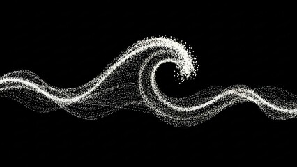 Abstract glowing white particle wave on a black background, forming a dynamic, fluid, and ethereal pattern with a prominent curl.