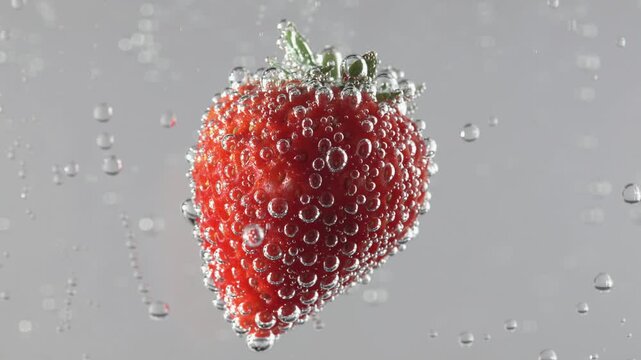 次々と浮かぶ泡の中のイチゴ