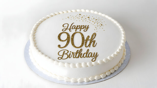 Elegant 90th birthday cake with gold typography on white icing