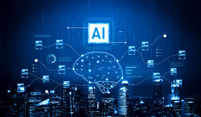 AI neural network and data processing system visualizing artificial intelligence with brain...