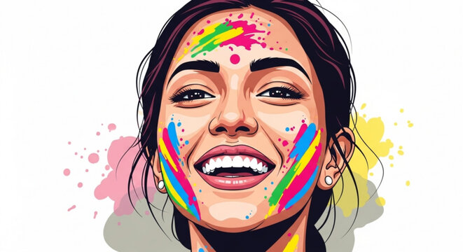 Joyful woman celebrating Holi festival with vibrant color powder on her face smiling broadly isolated on white background concept for Indian culture and celebration