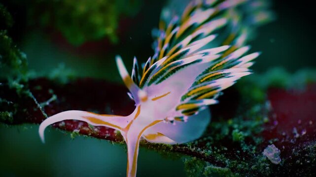 Elegant and healing macro shot of Caloria indica nudibranch with colorful stripes, graceful sea slug crawling in tropical reef