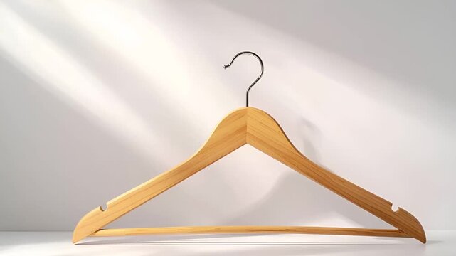 シームレスな白背景に、低めの位置で配置された単体の木製ハンガー。
柔らかなスタジオ照明が穏やかな影を落とし、静かな空気感を演出。
カメラはゆっくりとプッシュインし、余白の美しさを強調します。