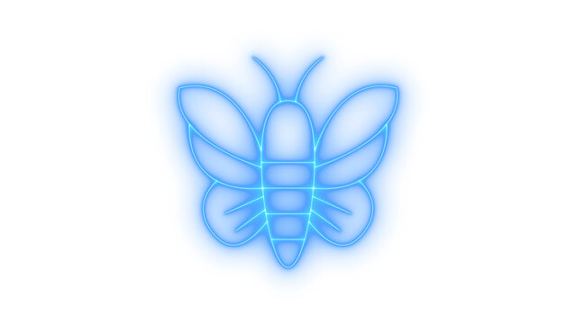 Vibrant blue neon glowing butterfly or moth outline icon representing nature and digital aesthetics, a modern animal symbol isolated on transparent background