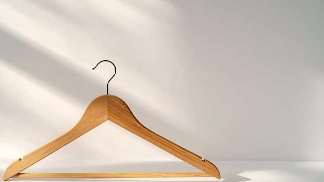 シームレスな白背景に、低めの位置で配置された単体の木製ハンガー。
柔らかなスタジオ照明が穏やかな影を落とし、静かな空気感を演出。
カメラはゆっくりとプッシュインし、余白の美しさを強調します。