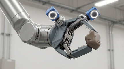 Robotic arm in warehouse grabs brown object, showcasing industrial automation and productivity in a bright, well-lit environment