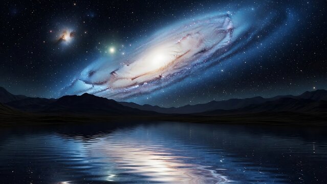 Galactic Night Sky Over Water Landscape.