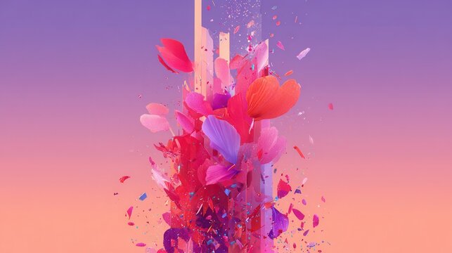 Elegant photo of Abstract digital art of exploding vibrant flower petals and crystalline shards on a purple and orange gradient background .Made Genarative AI