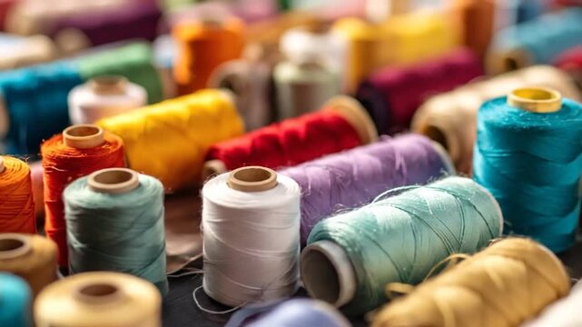 Colorful spools of thread arranged in a close-up shot, perfect for sewing and crafting projects.