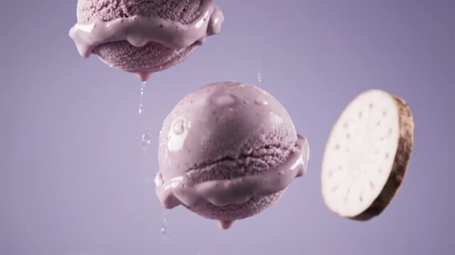 Purple taro ice cream scoops floating in lavender studio background.