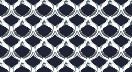 Fototapeta premium Abstract geometric pattern with interlocking white and grey shapes on a dark blue background