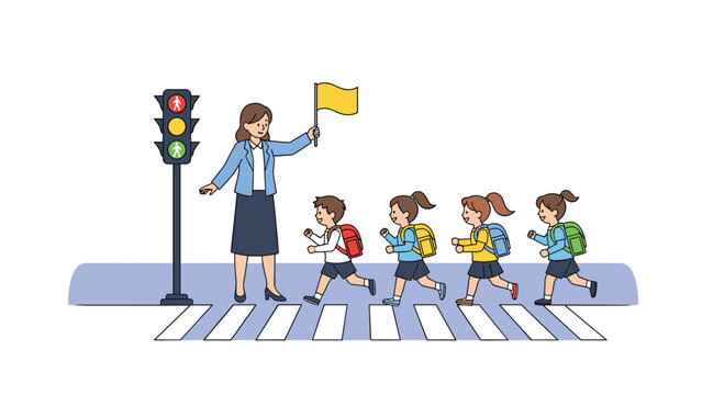 Professional female crossing guard holding a yellow flag to help a group of school children cross the road safely.