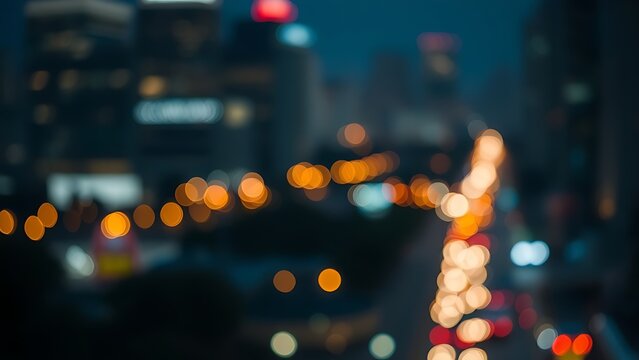 electic. Abstract urban nightscape with glowing city lights and bokeh, blending cool tones and warm highlights. travel magazines.
