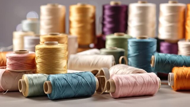 Colorful spools of thread arranged in a visually appealing composition, perfect for crafting and sewing projects.