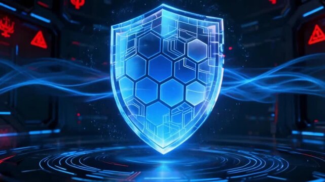 A powerful digital shield with a honeycomb pattern energized by blue lightning, symbolizing advanced AI-driven cyber defense and firewall protection.