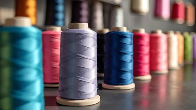 Colorful spools of thread arranged in a row, showcasing various vibrant hues and textures.