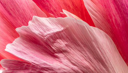 Close-up of delicate floral petals with subtle textures and vibrant hues of pink and red, creating a soft, blurred background