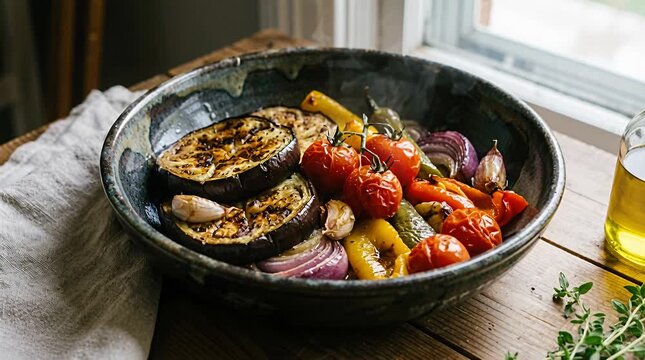 Enjoy delicious roasted vegetables including eggplant, tomatoes, peppers, onions, and garlic served in a.