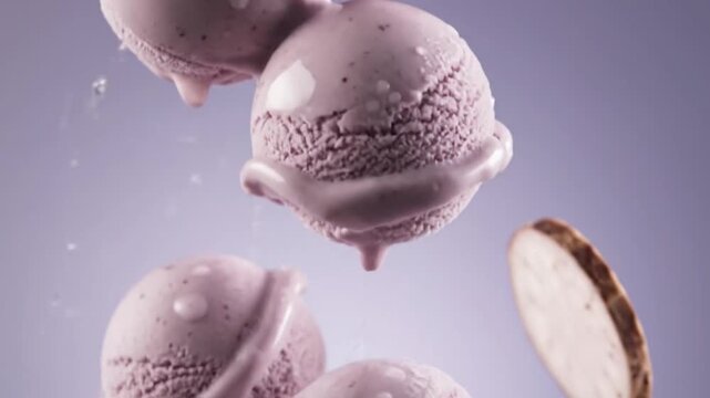 Slow motion of speckled taro ice cream scoops with purple glaze splash.