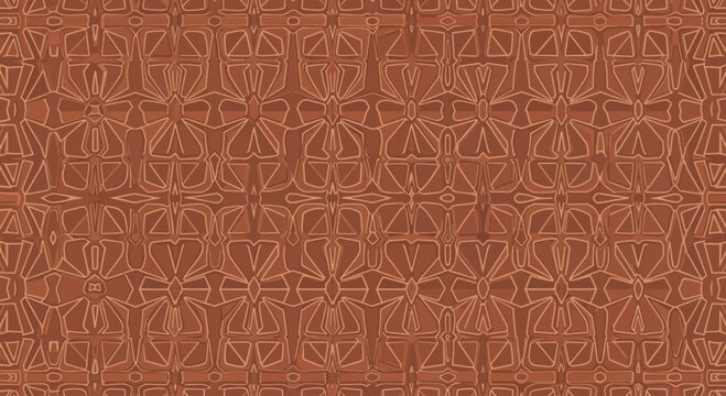 Repeating abstract geometric pattern in warm brown tones with intricate linear details.