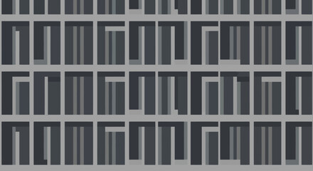 Fototapeta premium Abstract geometric pattern with dark grey rectangular shapes and white outlines on a light grey background.