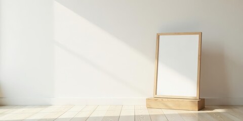 Blank Canvas Awaiting Artistic Expression in a Sunlit Room with Light Wooden Floor and Plinth