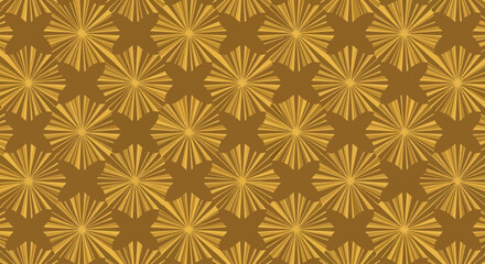 Geometric starburst and cross shapes in a repeating pattern, golden yellow on brown