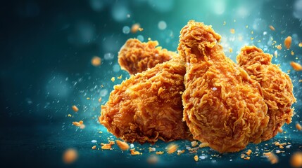 Fototapeta premium Elegant photo of Crispy Golden Fried Chicken Drumsticks with Flying Crumbs on a Dynamic Teal Background .Made Genarative AI