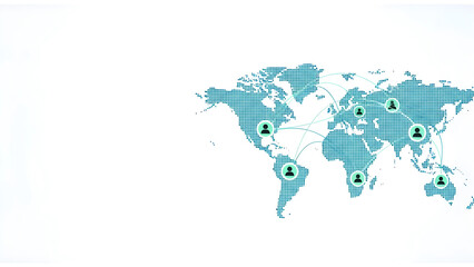 Fototapeta premium グローバルチームの連携と遠隔コミュニケーションのフラットデザインイラスト。世界地図、DX推進、ネットワーク、信頼の繋がり。左側に広いコピースペース。
