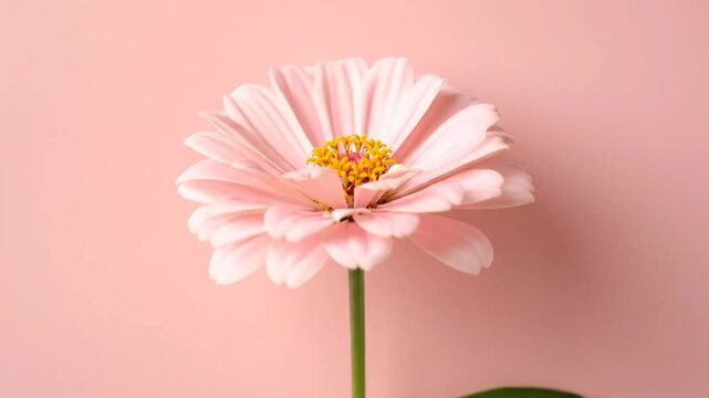 A delicate pink zinnia flower stands gracefully against a soft, pastel pink background.