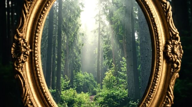 A golden framed mirror reflecting a lush green forest, creating a unique perspective and visual interest.