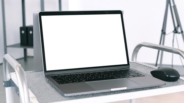 Modern laptop computer with a blank white screen and a wireless mouse on a l cart in a studio setting.