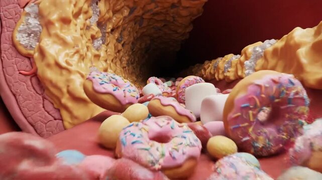 Candies and donuts blocking a constricted artery with plaque, illustrating unhealthy diet and cholesterol