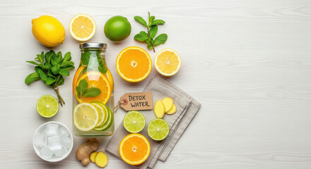 Citrus detox water ingredients flat lay with copy space