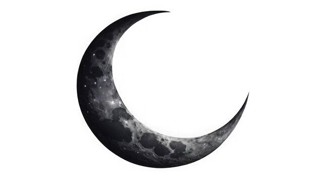 Detailed depiction of a thin crescent moon showing realistic surface texture and craters against the deep black void of space on transparent background