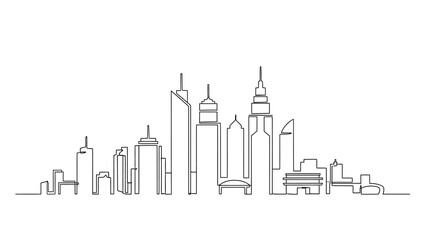 Naklejka premium Cityscape illustration with modern skyscrapers and office buildings in a minimalist line art style from a straight-on viewpoint