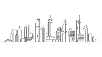 Obraz premium Cityscape illustration with skyscrapers and buildings viewed from a distance on a white background