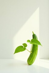 A vibrant green cucumber, playfully adorned with a sprouting vine and leaves, stands upright against a minimalist white backdrop, bathed in soft natural light, suggesting growth and renewal.