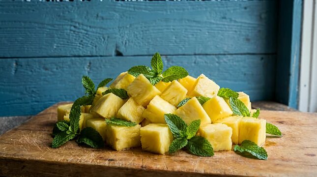 Freshly cut pineapple cubes with mint leaves on a wooden board, tropical fruit preparation for refreshing.