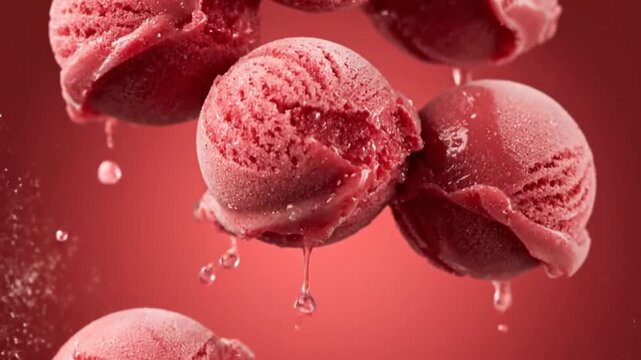 Raspberry sorbet scoops and syrup ribbons floating in crimson studio.
